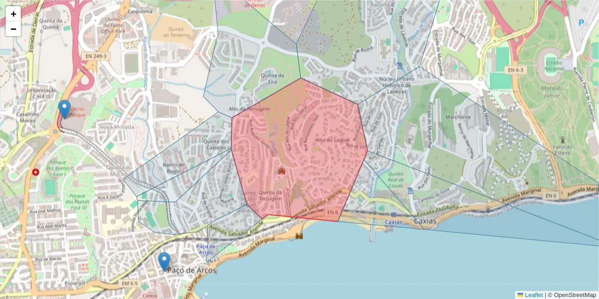 Mapa detalhado do código postal 2760 com limites, códigos postais vizinhos e agências dos correios