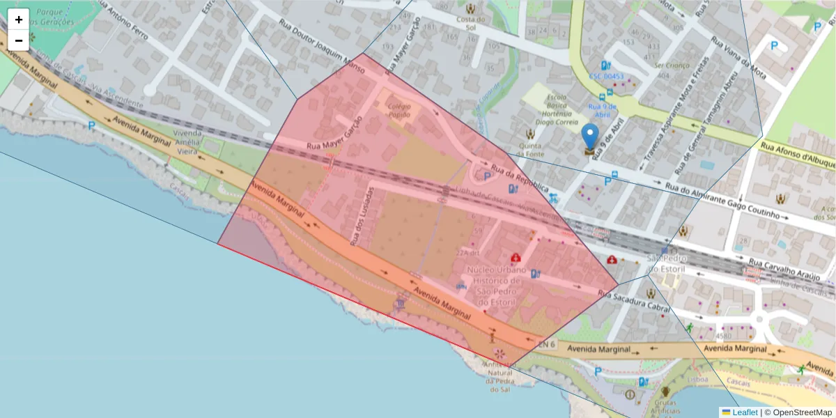 Mapa detalhado do código postal 2765-000 com limites, códigos postais vizinhos e agências dos correios