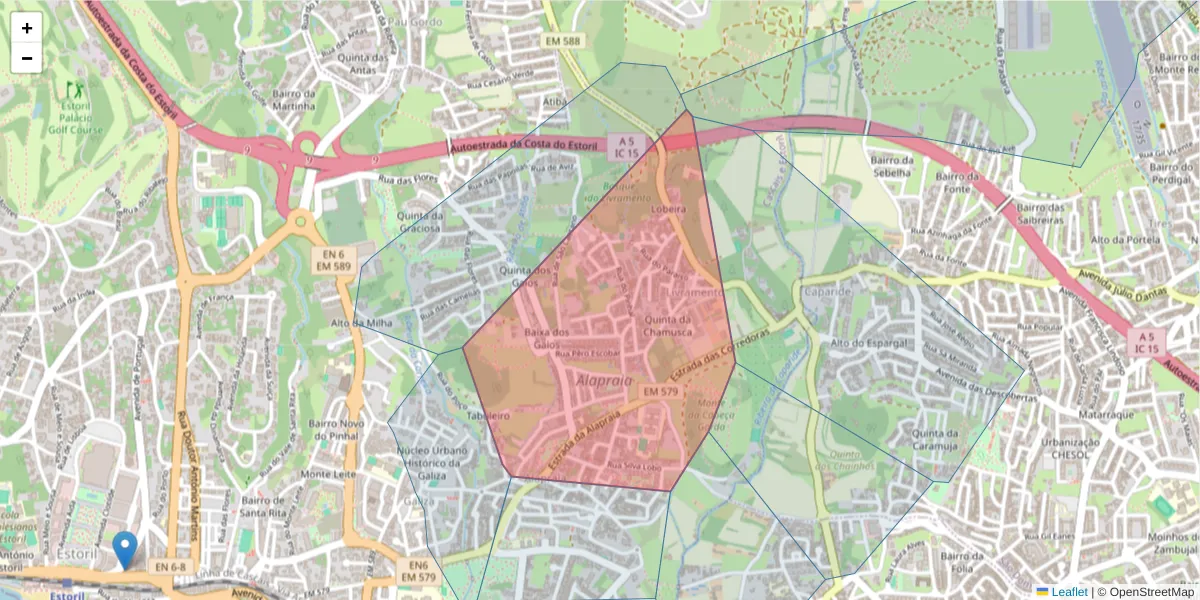 Mapa detalhado do código postal 2765-016 com limites, códigos postais vizinhos e agências dos correios
