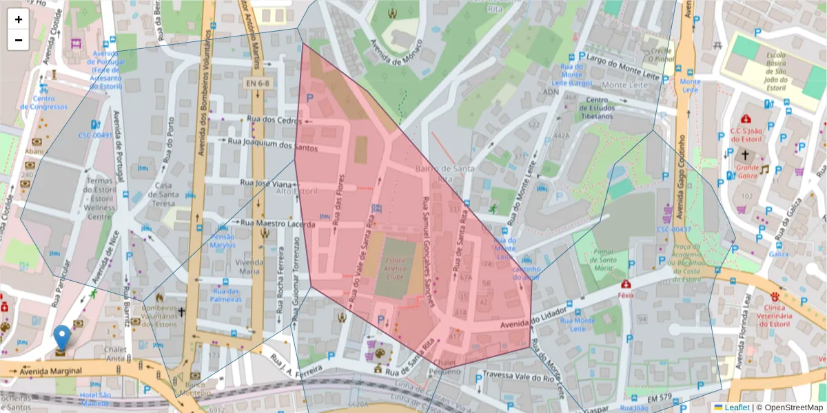 Mapa detalhado do código postal 2765-280 com limites, códigos postais vizinhos e agências dos correios