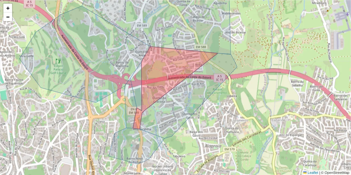 Mapa detalhado do código postal 2765-306 com limites, códigos postais vizinhos e agências dos correios
