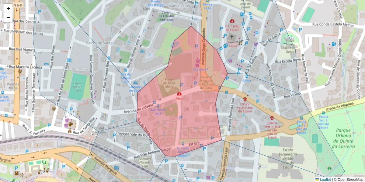 Mapa detalhado do código postal 2765-324 com limites, códigos postais vizinhos e agências dos correios