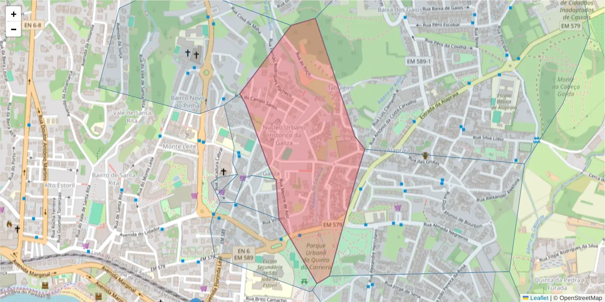 Mapa detalhado do código postal 2765-334 com limites, códigos postais vizinhos e agências dos correios