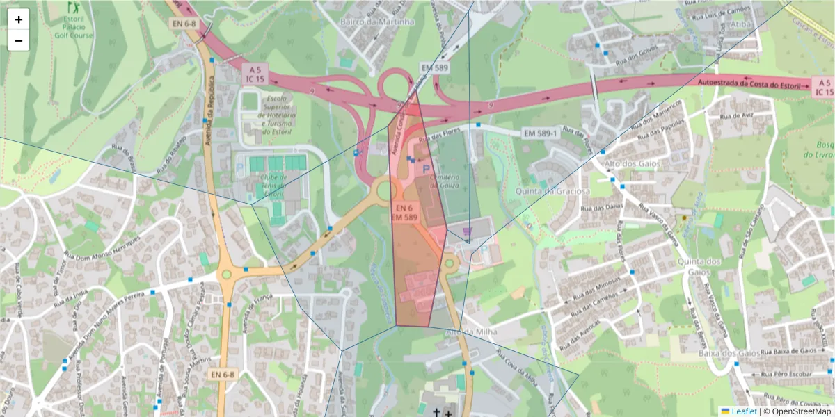 Mapa detalhado do código postal 2765-335 com limites, códigos postais vizinhos e agências dos correios