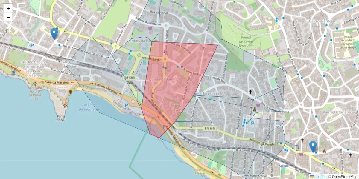 Mapa detalhado do código postal 2765-342 com limites, códigos postais vizinhos e agências dos correios