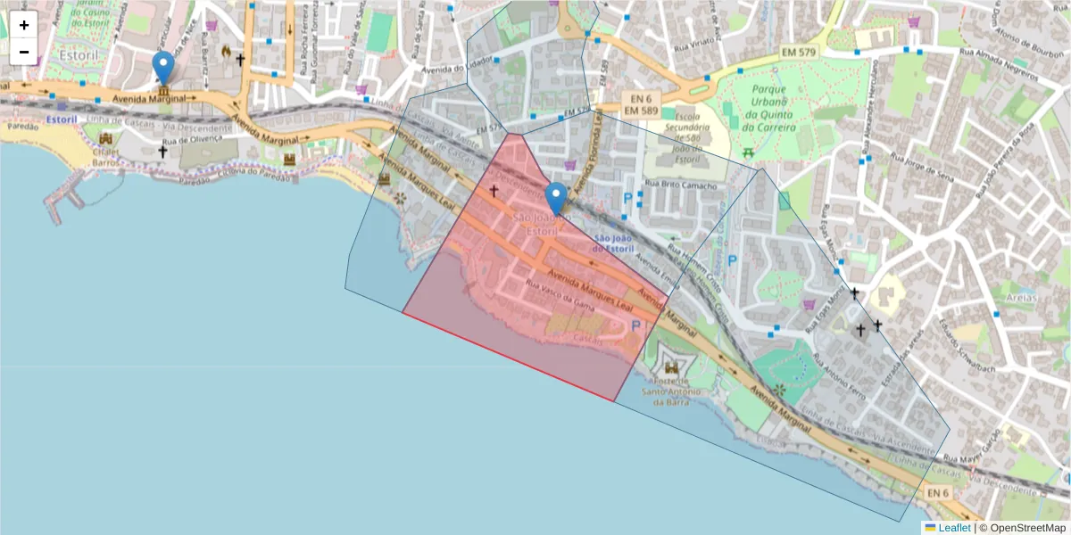 Mapa detalhado do código postal 2765-492 com limites, códigos postais vizinhos e agências dos correios