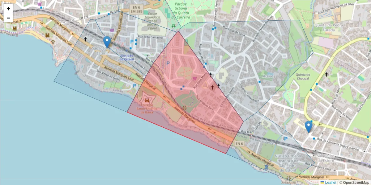 Mapa detalhado do código postal 2765-517 com limites, códigos postais vizinhos e agências dos correios