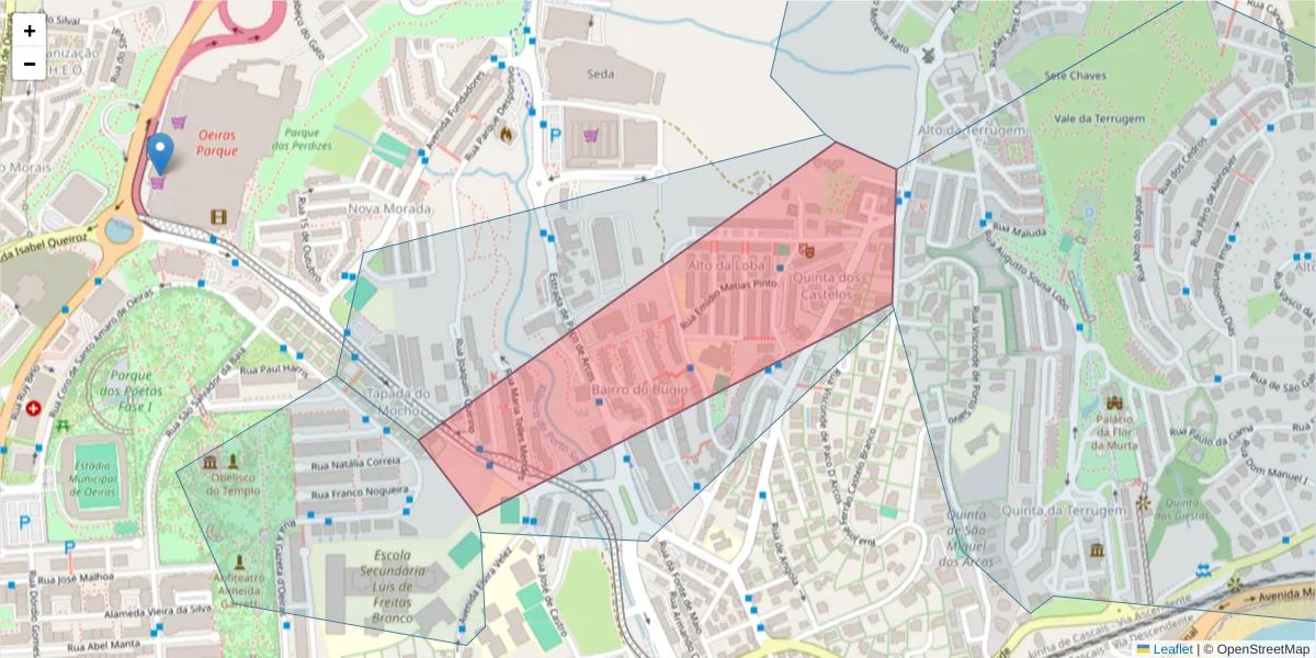 Mapa detalhado do código postal 2770-107 com limites, códigos postais vizinhos e agências dos correios