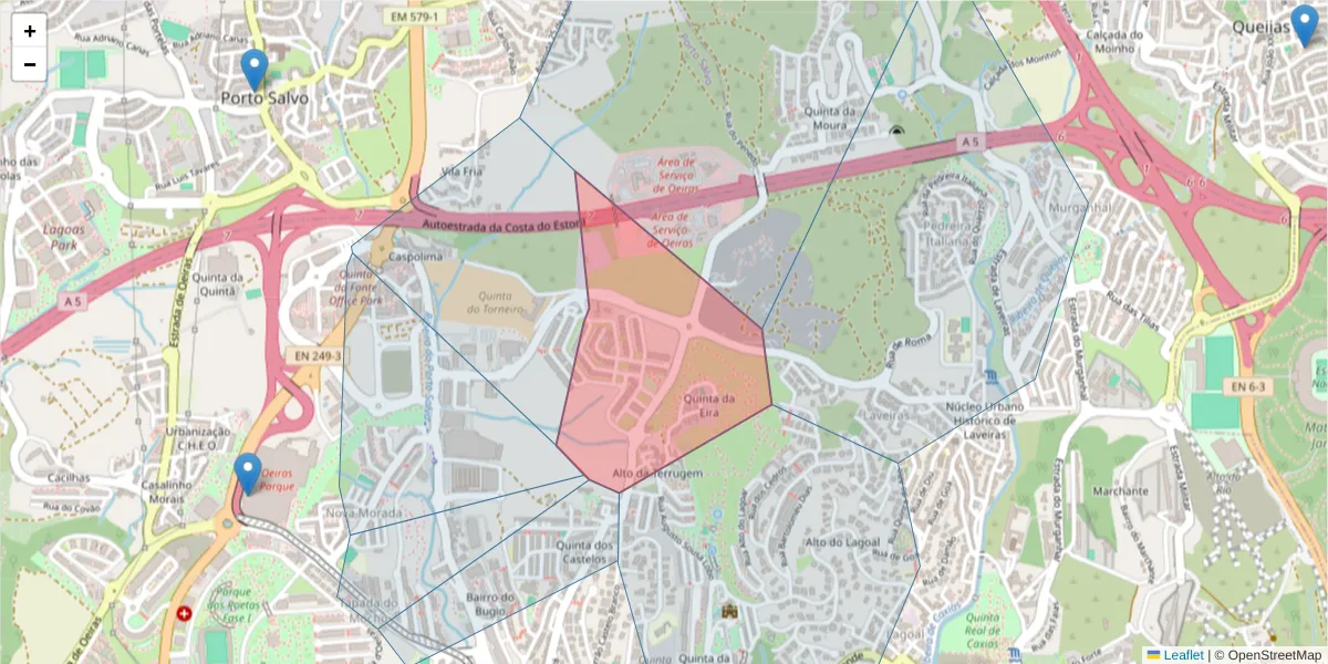 Mapa detalhado do código postal 2770-228 com limites, códigos postais vizinhos e agências dos correios