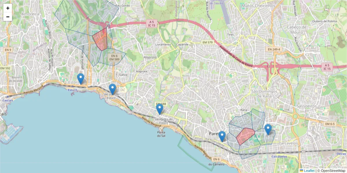 Mapa detalhado do código postal 2775-000 com limites, códigos postais vizinhos e agências dos correios