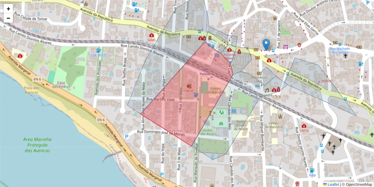 Mapa detalhado do código postal 2775-184 com limites, códigos postais vizinhos e agências dos correios