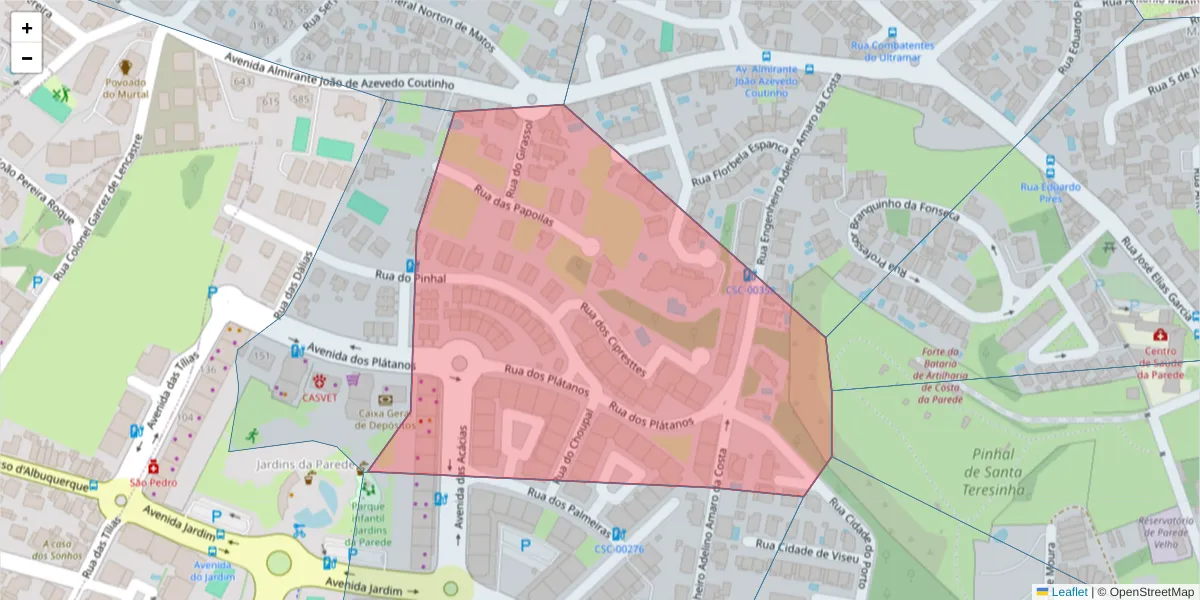Mapa detalhado do código postal 2775-342 com limites, códigos postais vizinhos e agências dos correios
