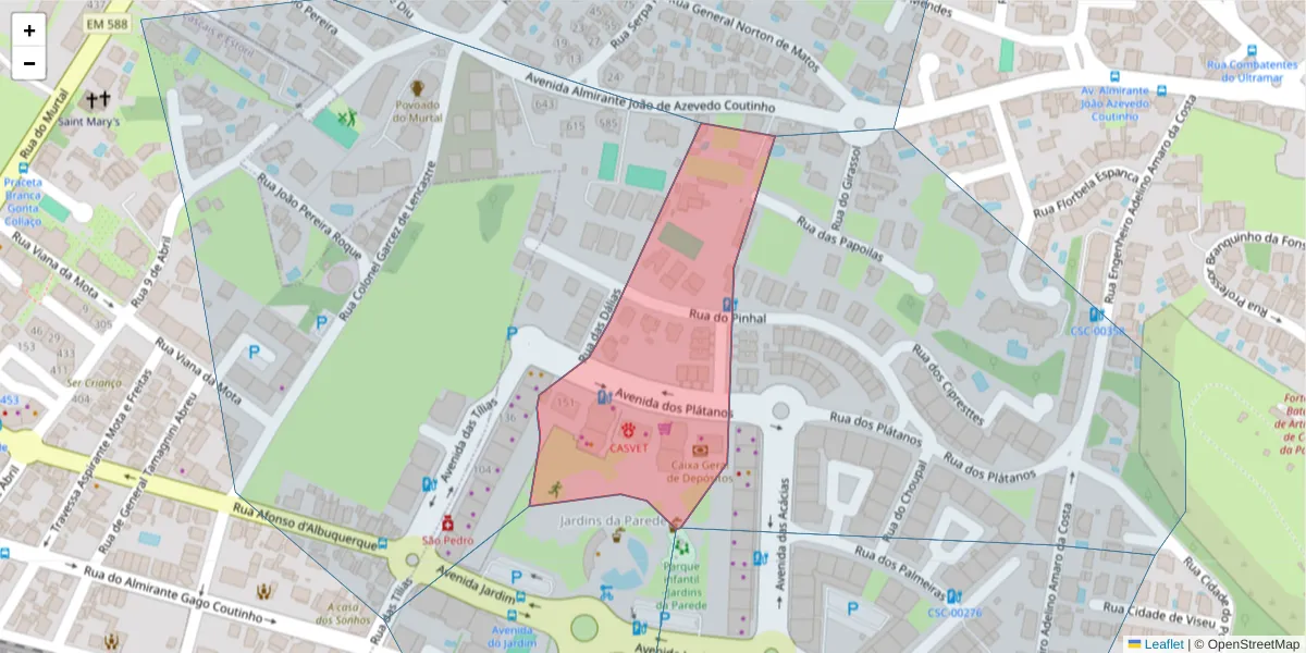 Mapa detalhado do código postal 2775-352 com limites, códigos postais vizinhos e agências dos correios