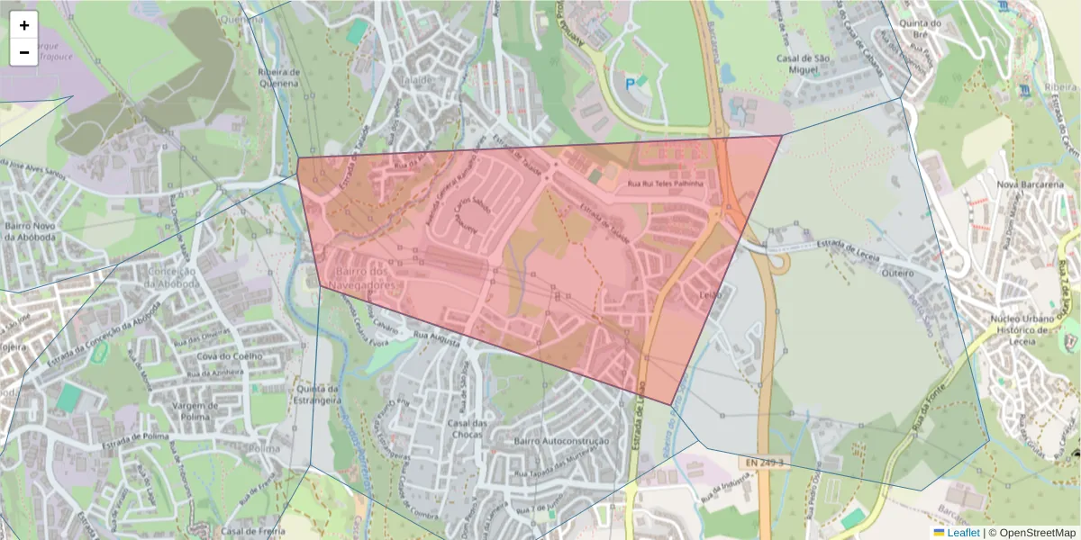 Mapa detalhado do código postal 2780-000 com limites, códigos postais vizinhos e agências dos correios