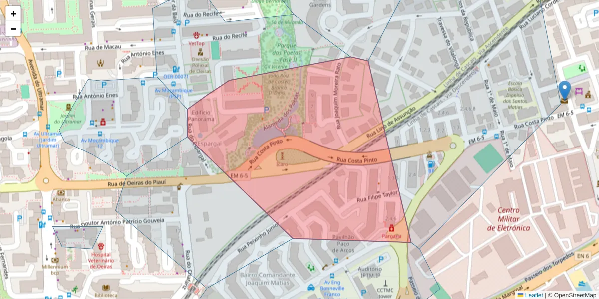 Mapa detalhado do código postal 2780-011 com limites, códigos postais vizinhos e agências dos correios