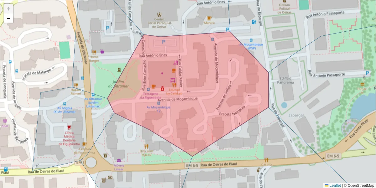 Mapa detalhado do código postal 2780-027 com limites, códigos postais vizinhos e agências dos correios