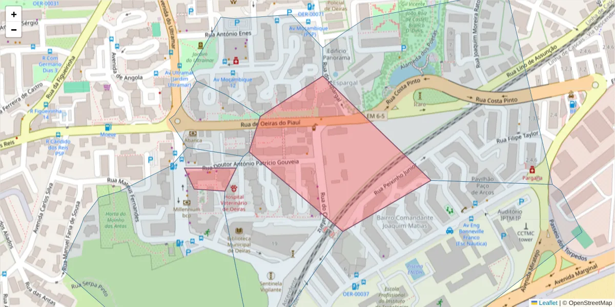 Mapa detalhado do código postal 2780-185 com limites, códigos postais vizinhos e agências dos correios