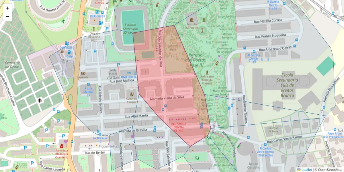Mapa detalhado do código postal 2780-216 com limites, códigos postais vizinhos e agências dos correios
