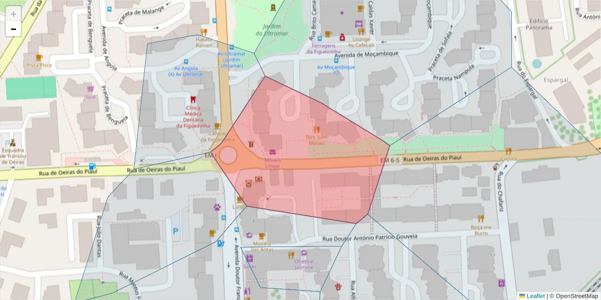 Mapa detalhado do código postal 2780-285 com limites, códigos postais vizinhos e agências dos correios