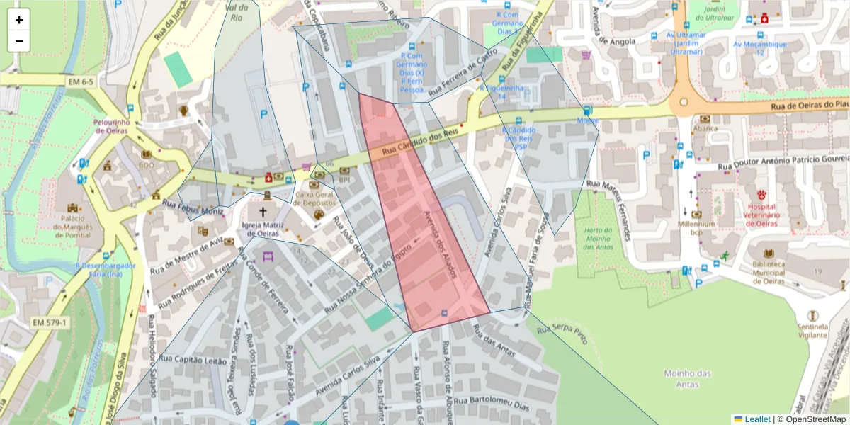 Mapa detalhado do código postal 2780-308 com limites, códigos postais vizinhos e agências dos correios