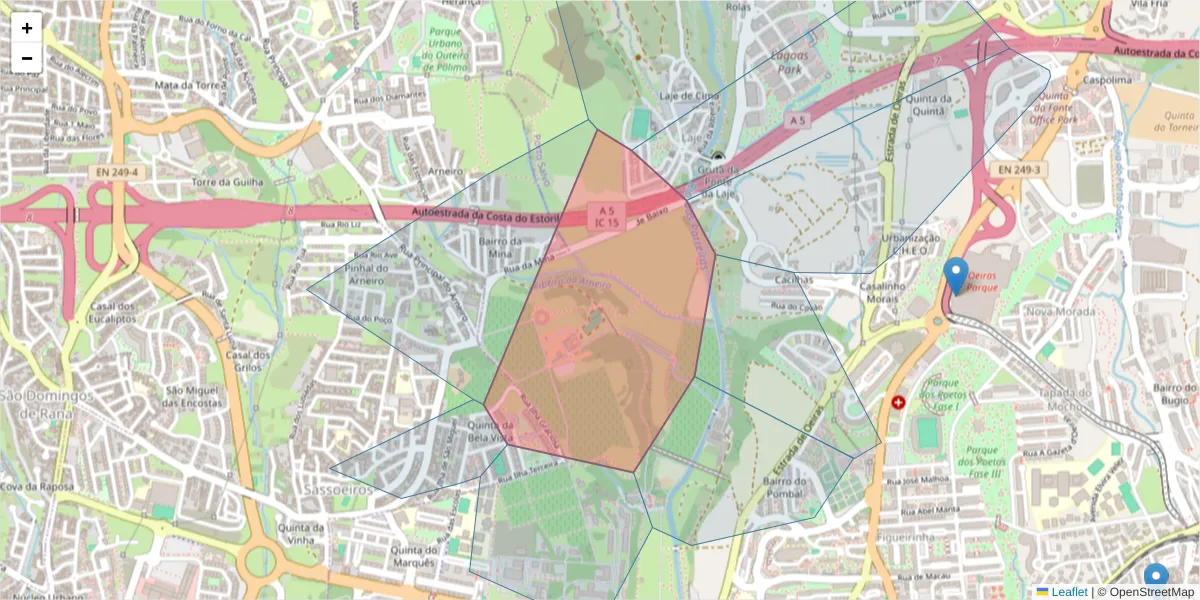 Mapa detalhado do código postal 2784 - 505 com limites, códigos postais vizinhos e agências dos correios
