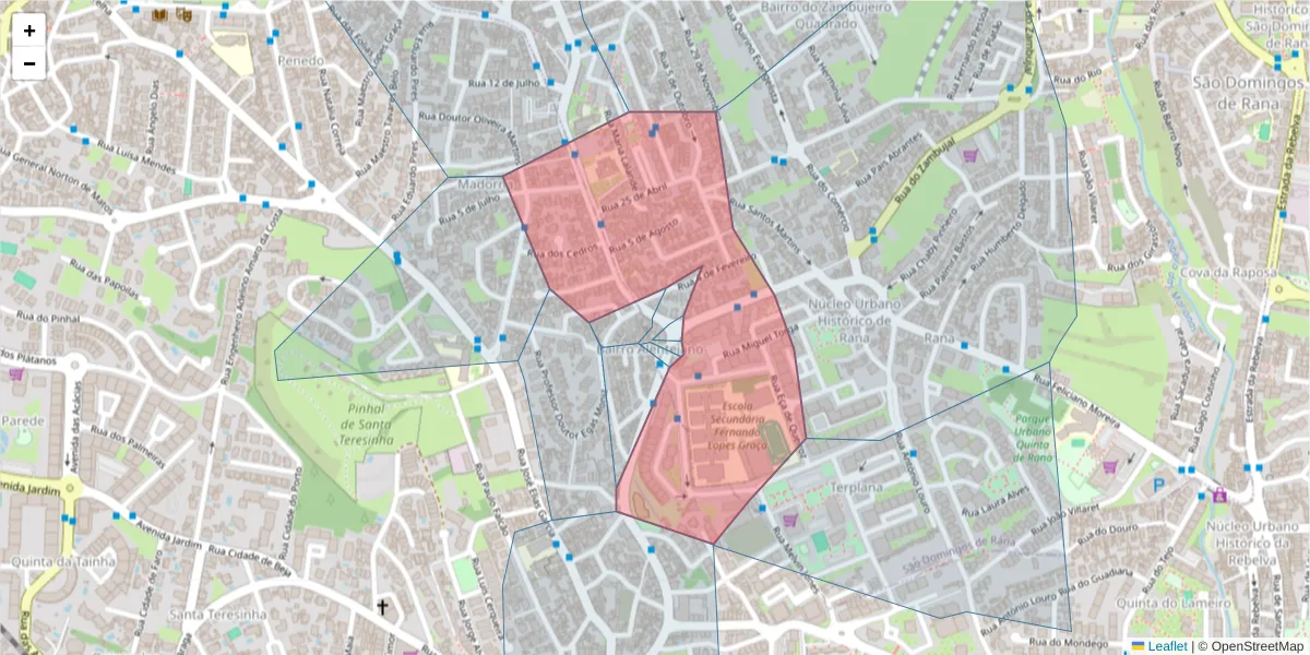Mapa detalhado do código postal 2785-001 com limites, códigos postais vizinhos e agências dos correios