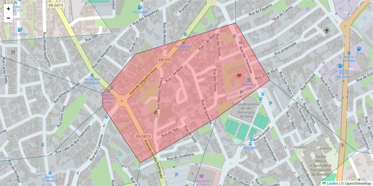 Mapa detalhado do código postal 2785-301 com limites, códigos postais vizinhos e agências dos correios
