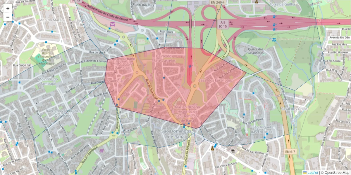 Mapa detalhado do código postal 2785-595 com limites, códigos postais vizinhos e agências dos correios