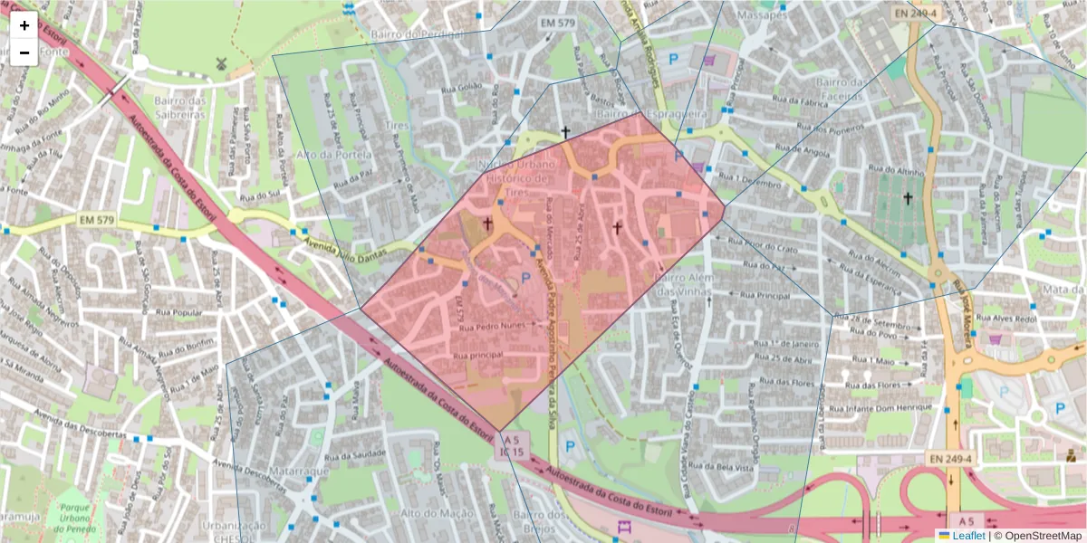 Mapa detalhado do código postal 2785-629 com limites, códigos postais vizinhos e agências dos correios