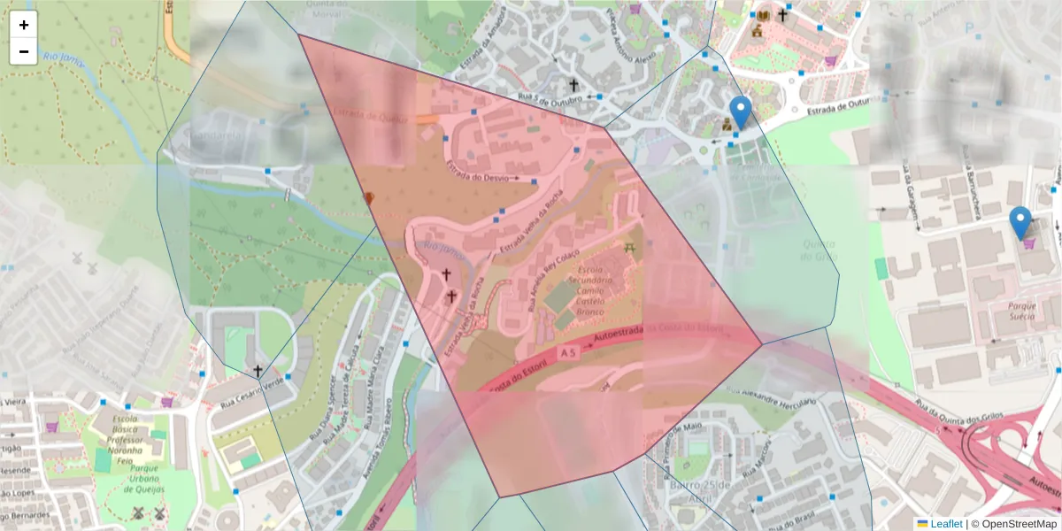 Mapa detalhado do código postal 2790-017 com limites, códigos postais vizinhos e agências dos correios