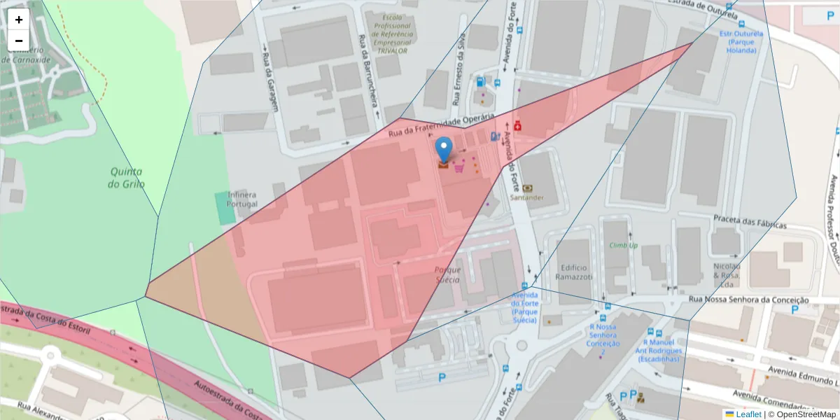 Mapa detalhado do código postal 2790-073 com limites, códigos postais vizinhos e agências dos correios