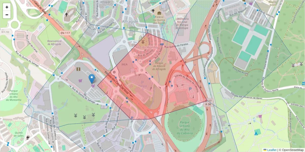 Mapa detalhado do código postal 2790-150 com limites, códigos postais vizinhos e agências dos correios