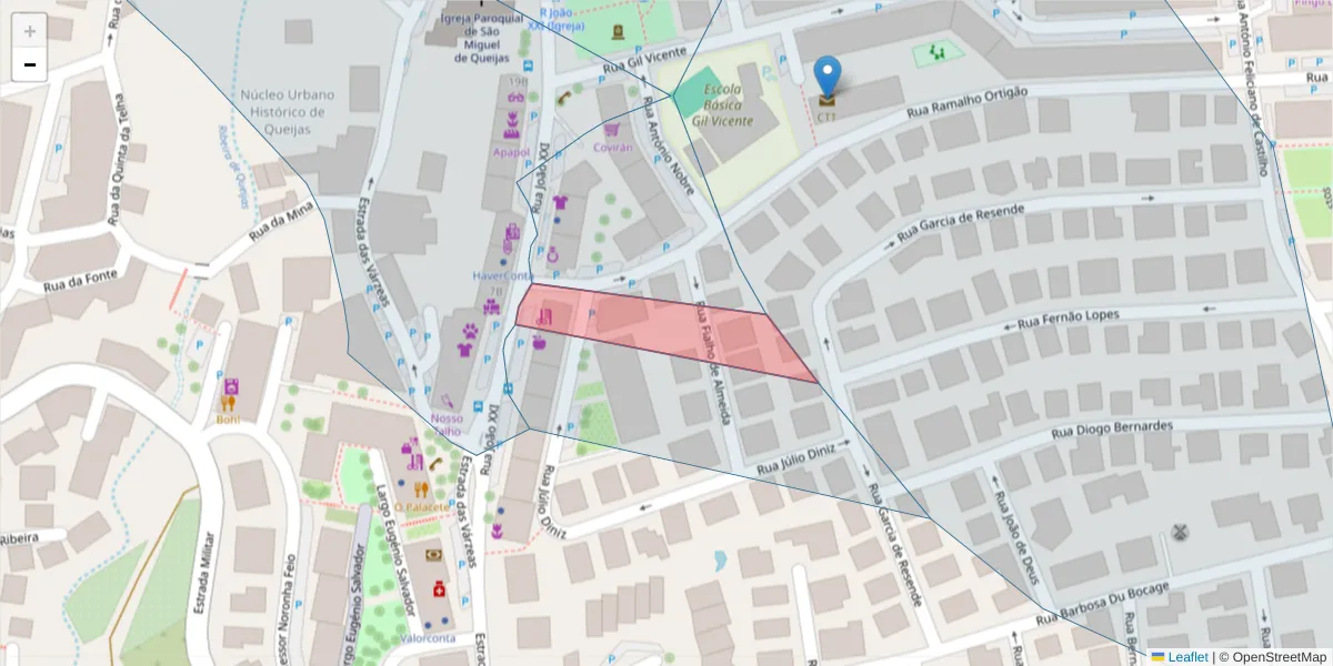 Mapa detalhado do código postal 2790-327 com limites, códigos postais vizinhos e agências dos correios