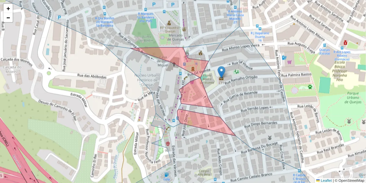 Mapa detalhado do código postal 2790-369 com limites, códigos postais vizinhos e agências dos correios