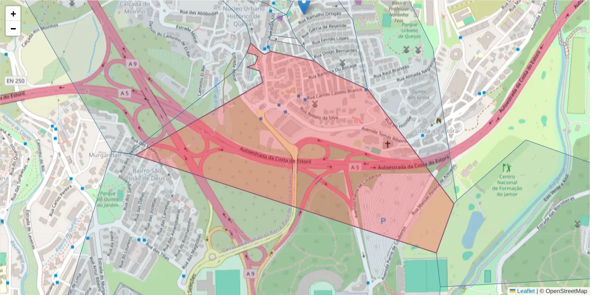Mapa detalhado do código postal 2790-444 com limites, códigos postais vizinhos e agências dos correios