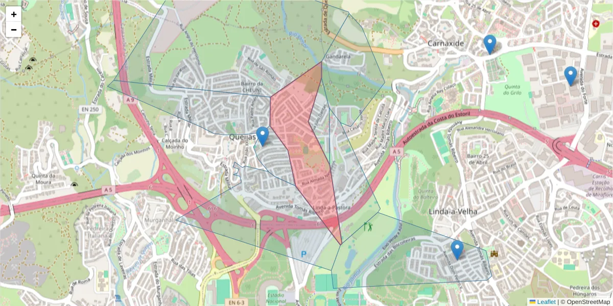 Mapa detalhado do código postal 2790-457 com limites, códigos postais vizinhos e agências dos correios