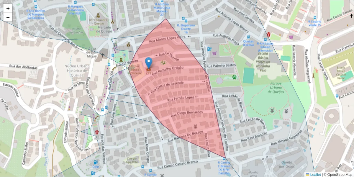 Mapa detalhado do código postal 2790-998 com limites, códigos postais vizinhos e agências dos correios