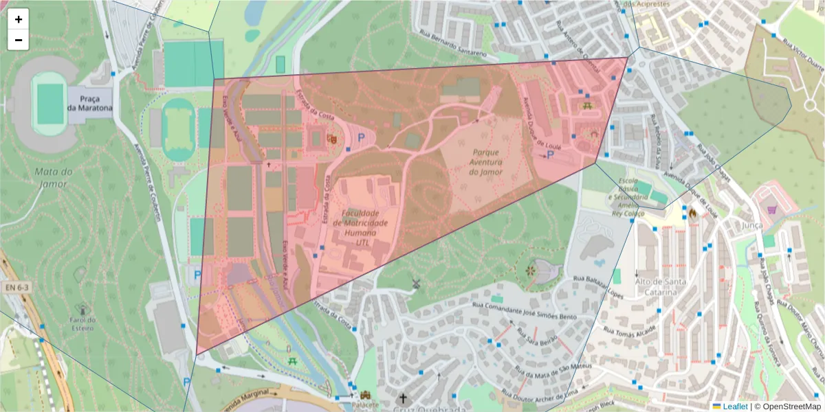 Mapa detalhado do código postal 2795-050 com limites, códigos postais vizinhos e agências dos correios