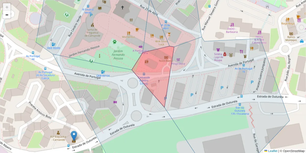 Mapa detalhado do código postal 2795-129 com limites, códigos postais vizinhos e agências dos correios