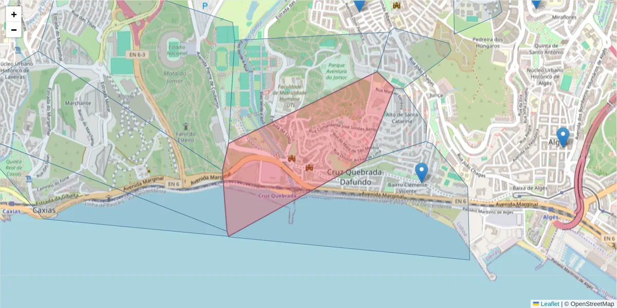 Mapa detalhado do código postal 2795-132 com limites, códigos postais vizinhos e agências dos correios