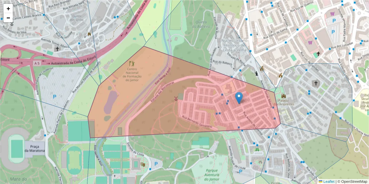 Mapa detalhado do código postal 2795-152 com limites, códigos postais vizinhos e agências dos correios