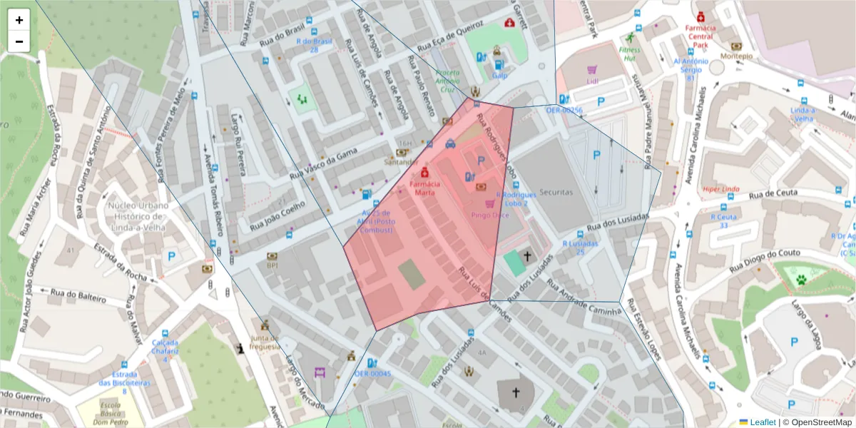 Mapa detalhado do código postal 2795-198 com limites, códigos postais vizinhos e agências dos correios