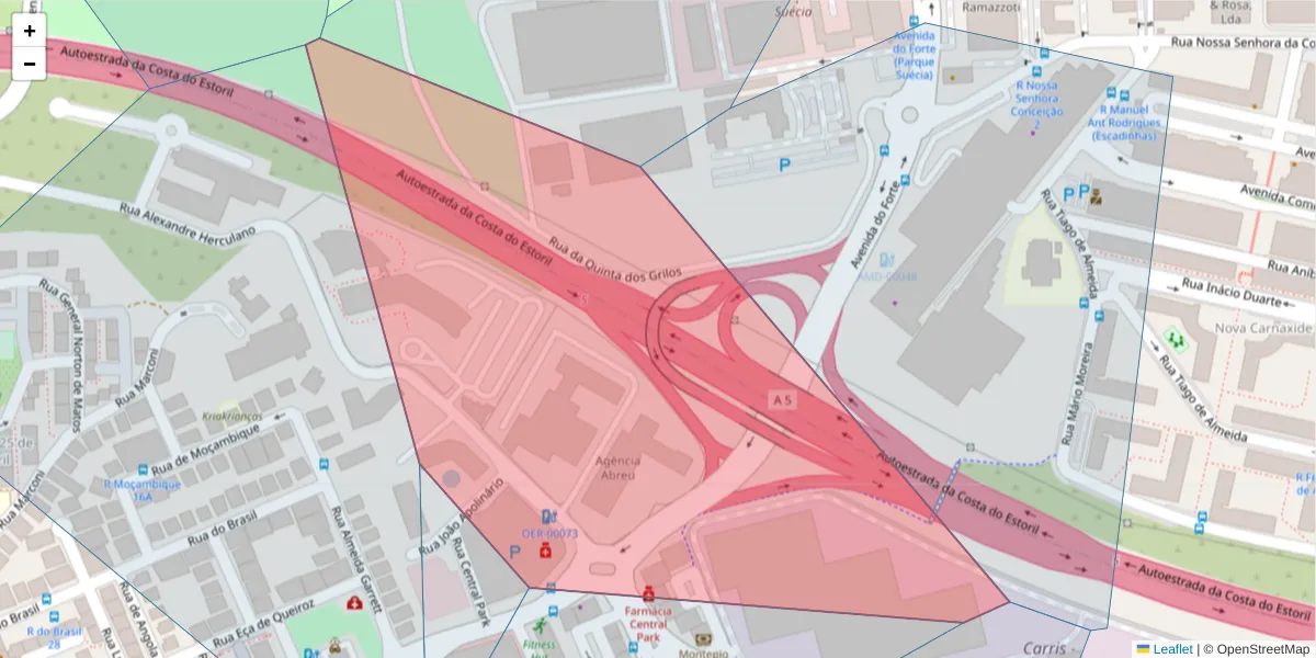 Mapa detalhado do código postal 2795-241 com limites, códigos postais vizinhos e agências dos correios