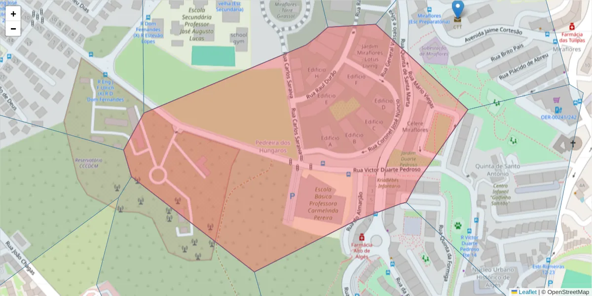Mapa detalhado do código postal 2795-248 com limites, códigos postais vizinhos e agências dos correios