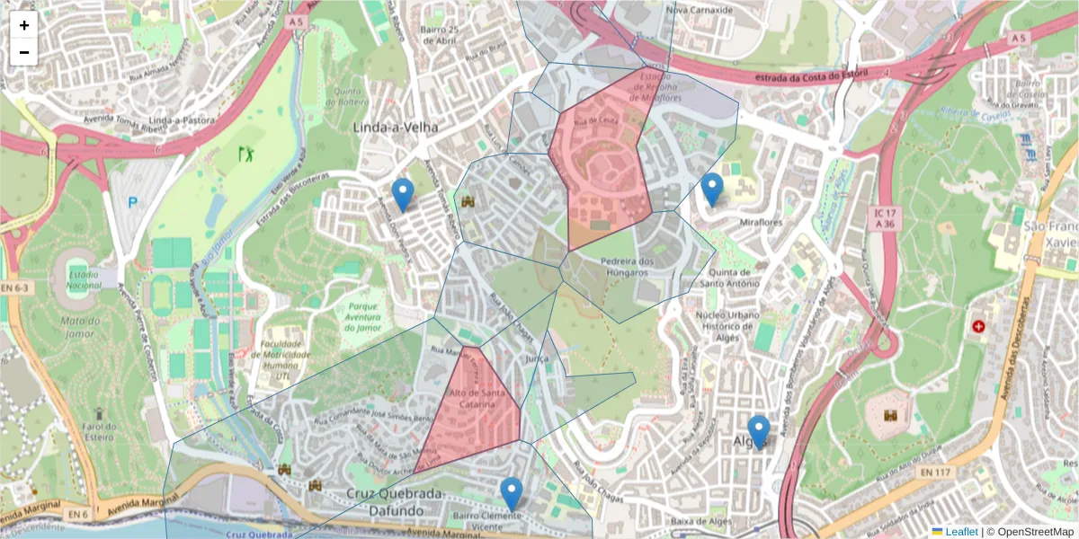 Mapa detalhado do código postal 2795 com limites, códigos postais vizinhos e agências dos correios