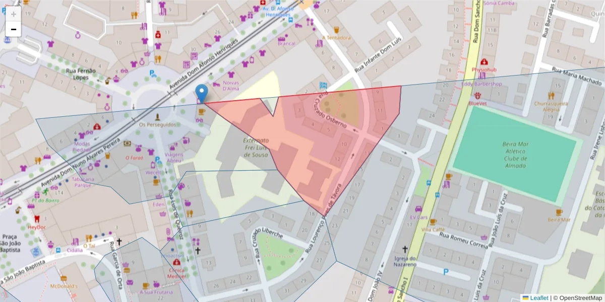 Mapa detalhado do código postal 2800-012 com limites, códigos postais vizinhos e agências dos correios