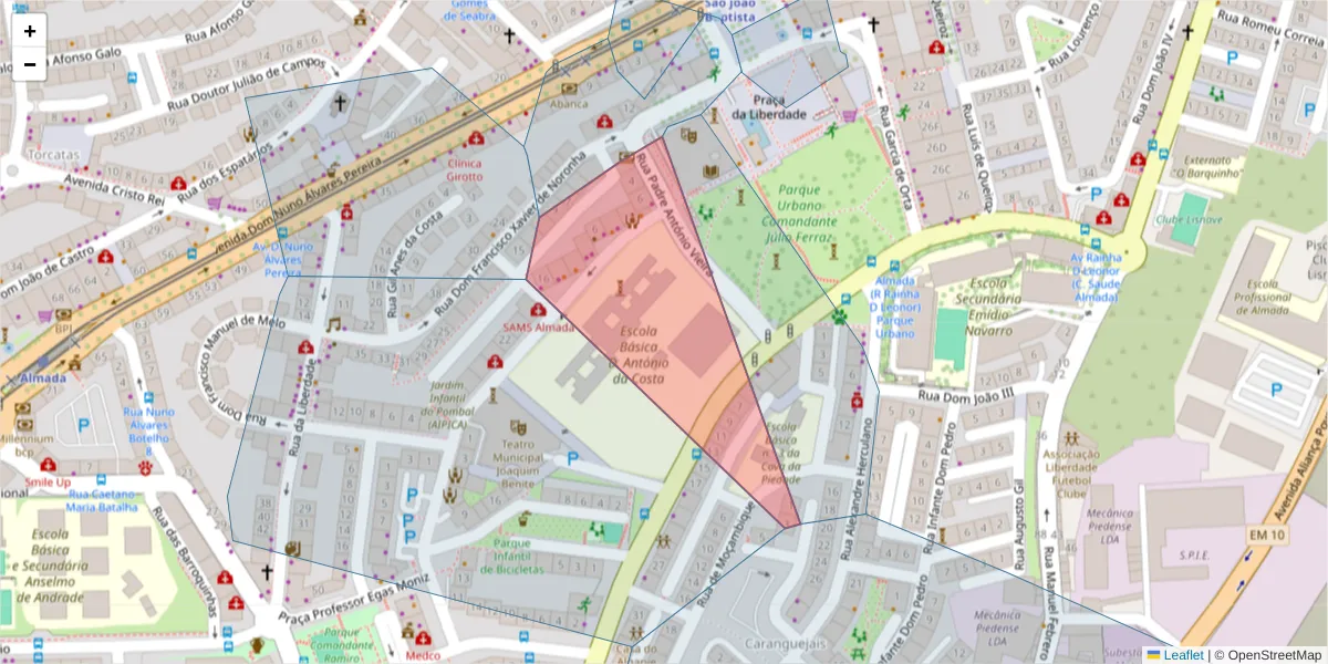 Mapa detalhado do código postal 2800-022 com limites, códigos postais vizinhos e agências dos correios