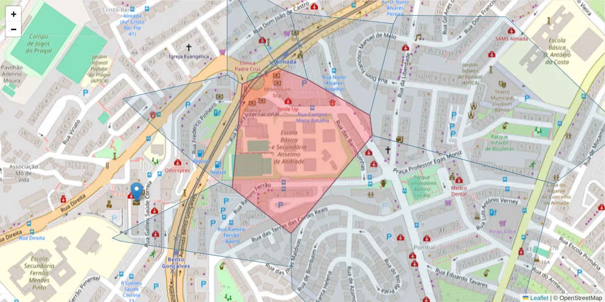 Mapa detalhado do código postal 2800-039 com limites, códigos postais vizinhos e agências dos correios