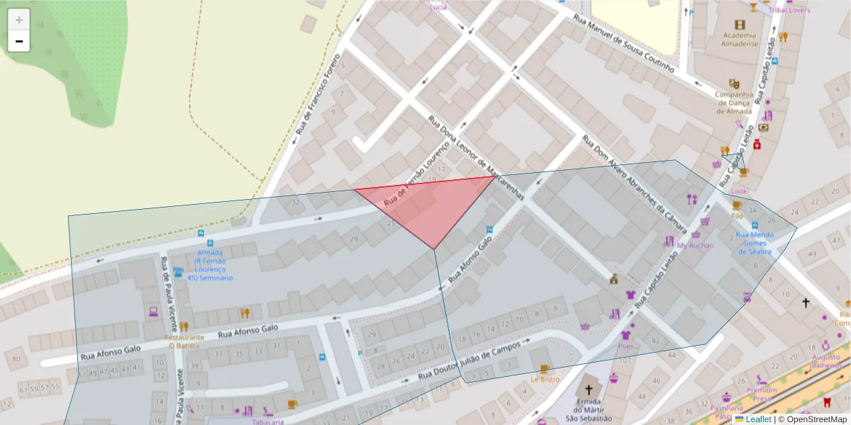 Mapa detalhado do código postal 2800-061 com limites, códigos postais vizinhos e agências dos correios