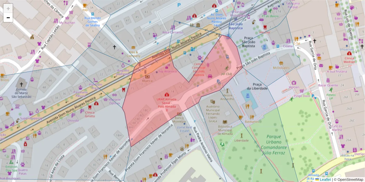 Mapa detalhado do código postal 2800-088 com limites, códigos postais vizinhos e agências dos correios